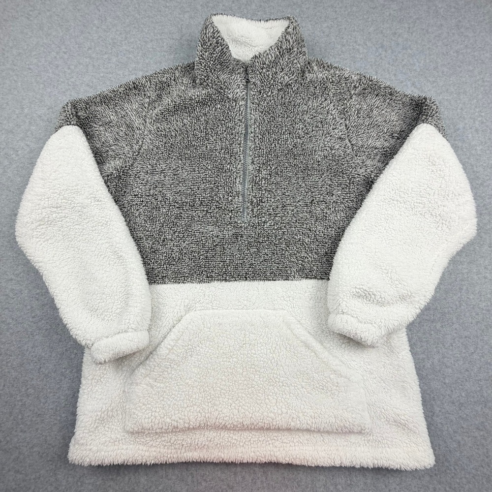 Womens Grey White Sherpa Fleece Quarter Zip Pullover Colorblock Jacket Small